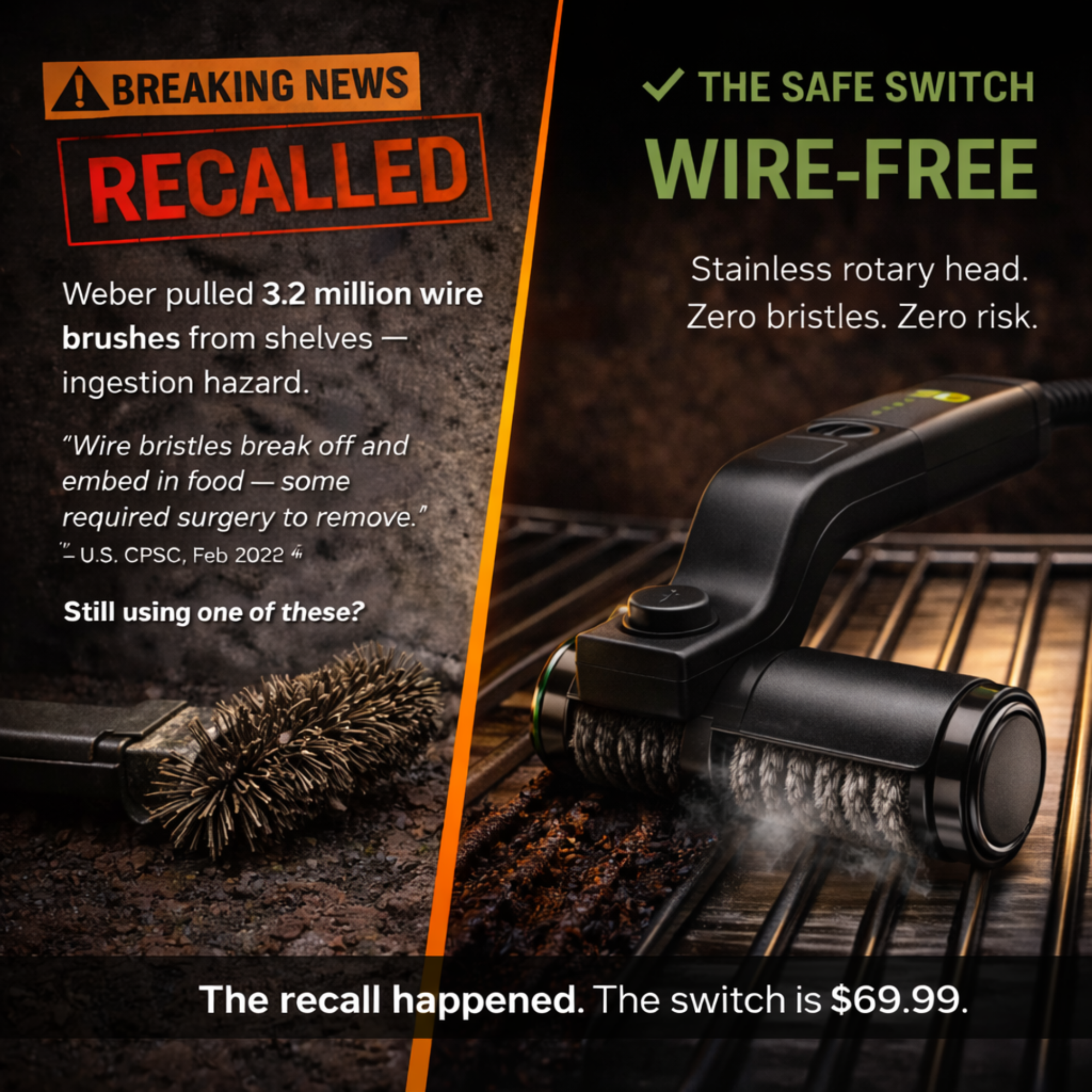 SCORCH Electric Grill Brush — Cordless, Rechargeable, Wire-Free